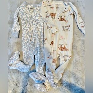 Carter's Kids One Piece Zip Footies - Blue Floral and Cream Animal Print 12 Mo